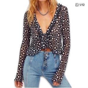 Free People Black Star Print Sheer Blouse